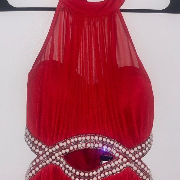 NWT Speechless Red Halter Fit & Flare Dress, Embellished Pearl Detail & Cutouts - Picture 4 of 5